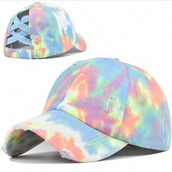  Newest Adjustable Tie Dyed Baseball Cap Cross Ponytail Hat	