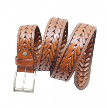  Men′s Braided Cowhide Leather Woven Belt with Pin Buckle	