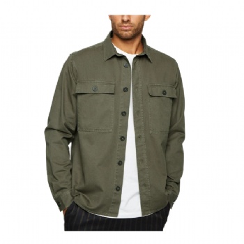 Customized Plain Khaki Double Pocket Shacket Shirt for Men