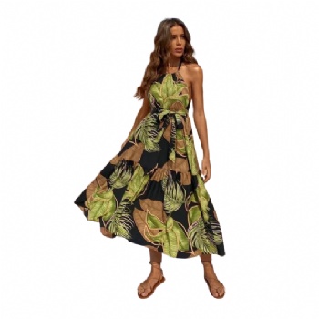 Tropical Print Backless Halter Neck Belted Sexy Summer Dress