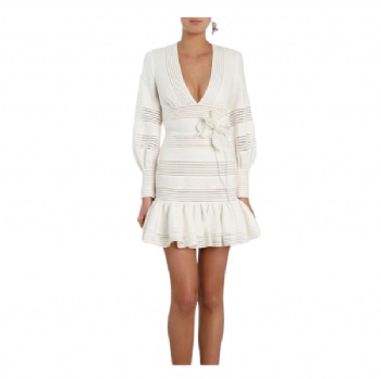 High Quality Linen Long Sleeve Mini Dresses with Lace Trim