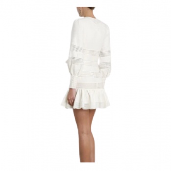  High Quality Linen Long Sleeve Mini Dresses with Lace Trim	