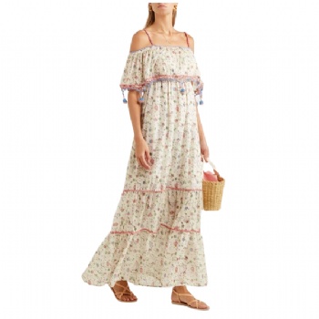 Printed Crochet-Trimmed Cotton-Voile Chifion Maxi Women Dresses