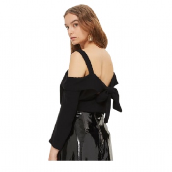  Sexy Black Women Tie Back Could Shoulder Long Sleeve Blouses	