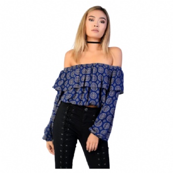 Women Printing Chiffon Could Shoulder Long Sleeve Crop Top