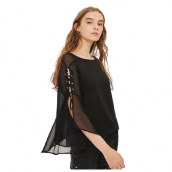 Sexy Women Lace up Black Chiffon Blouse