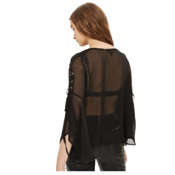  Sexy Women Lace up Black Chiffon Blouse	