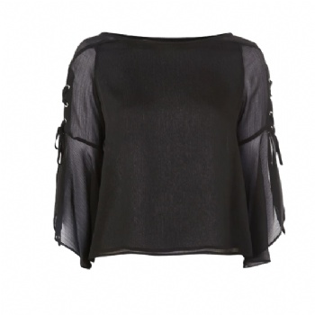  Sexy Women Lace up Black Chiffon Blouse	