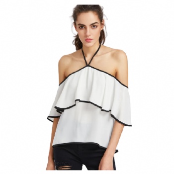 Women Contrast Binding Flounce Halter Bardot Top