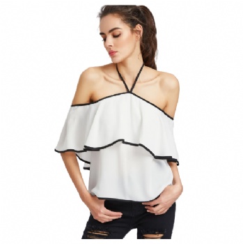  Women Contrast Binding Flounce Halter Bardot Top	