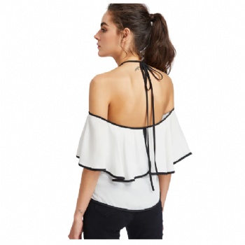  Women Contrast Binding Flounce Halter Bardot Top	