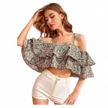 New Designs Fashion Style Ruffle Trim Layered Ditsy Floral Tops