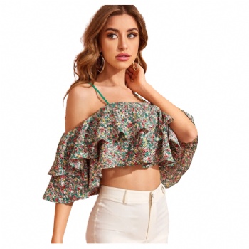  New Designs Fashion Style Ruffle Trim Layered Ditsy Floral Tops	