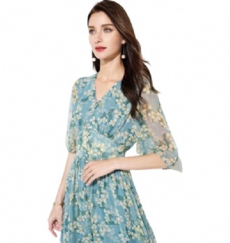  Women Silk Floral Dress V-Neck Pure Silk Skirt	