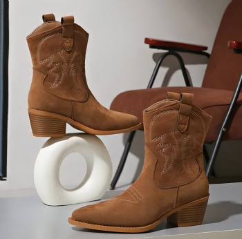  Women′s Pointy Faux Suede Leather Boots Sleeve Knight Boots Warm MID-Heel Women′s Shoes	